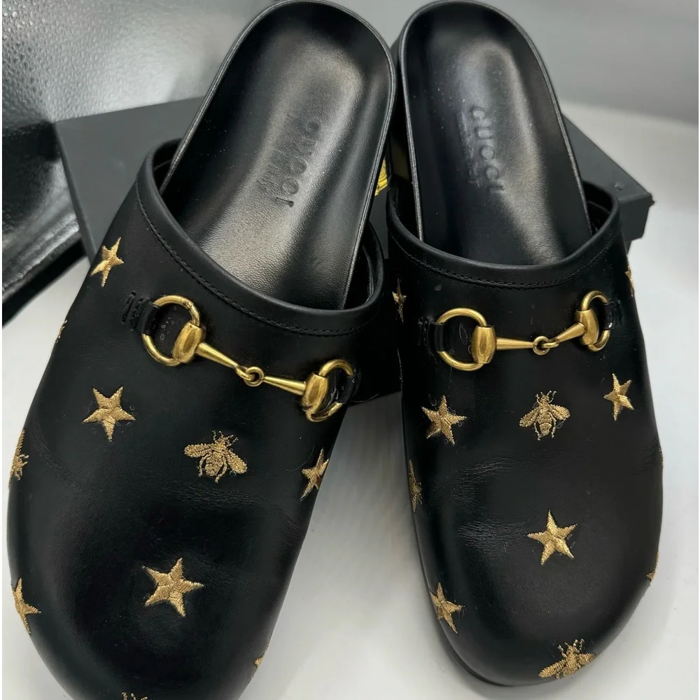 Gucci mules 8/Eur-41/US unisex Black leather Bee detail, horse shoe hardware. - Picture 1 of 7